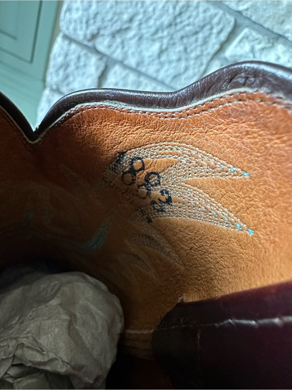 Lucchese Brown Leather Western Boots with Teal Stitching - Picture 4 of 5